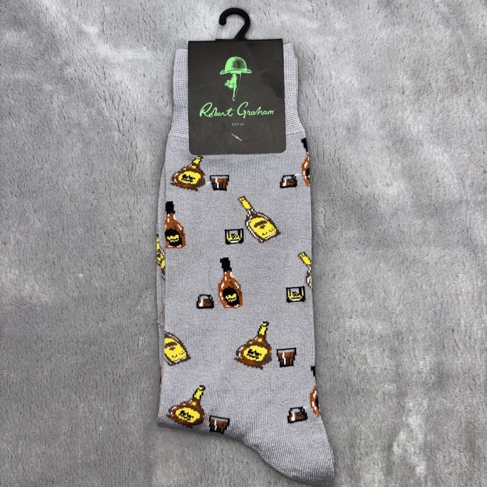 Robert Graham Gray One Size Crew Socks Liquor Bottle Pattern